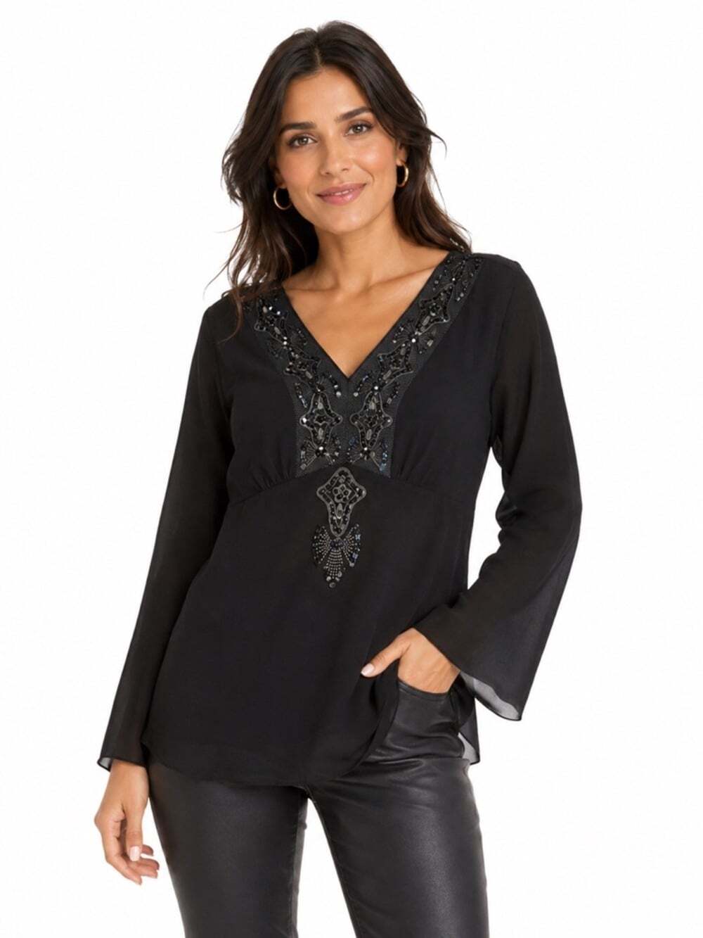 Tribal Black Sheer Embellished Long Sleeved Flowy Loose Feminine Blouse …